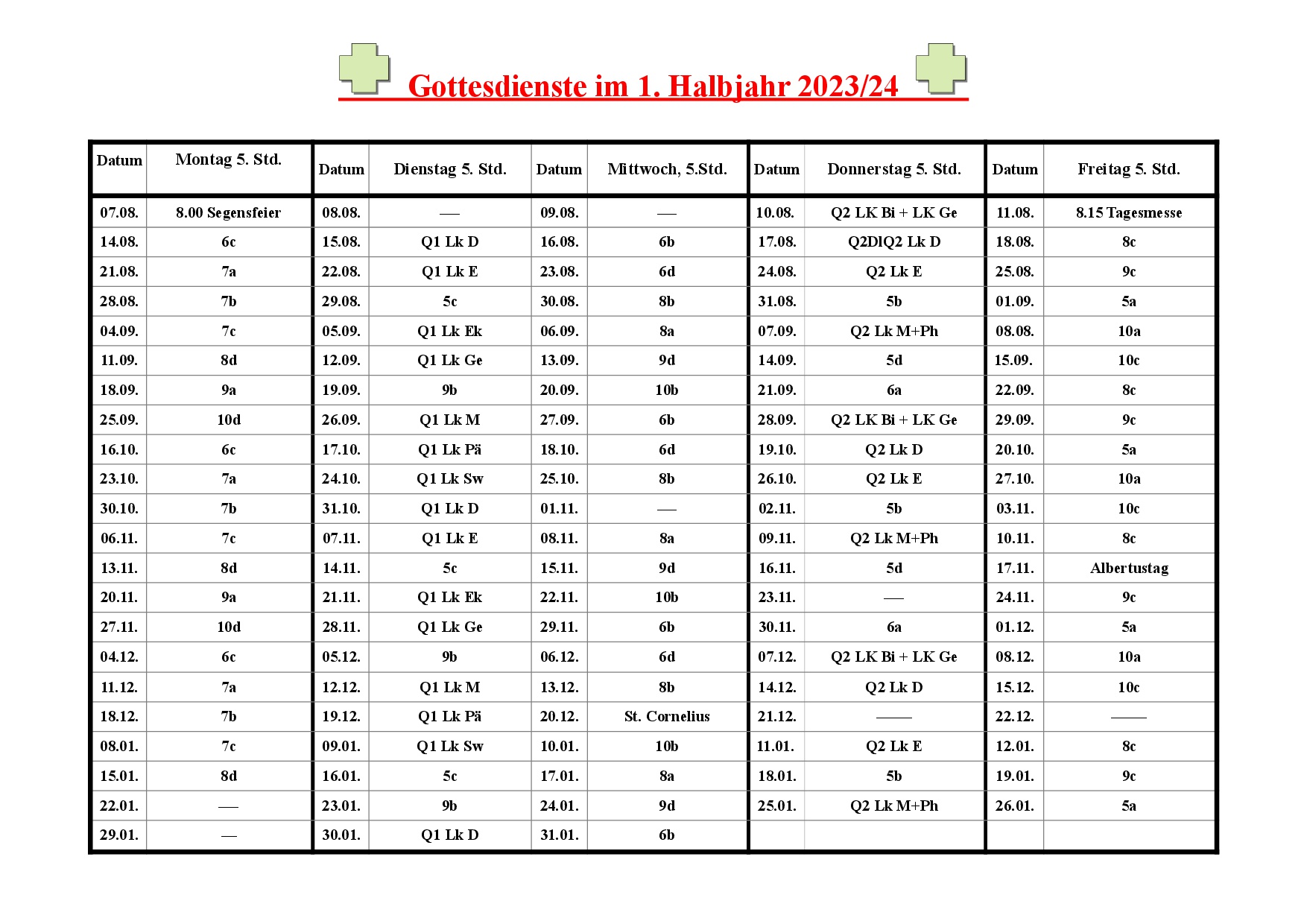Gottesdienste 1. Halbjahr 2023-24